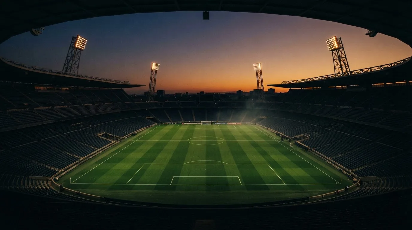 An empty football stadium with floodlight masts at dusk