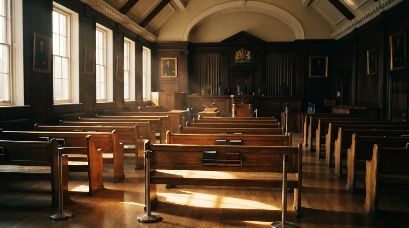 An empty courtroom with wooden benches in morning light
