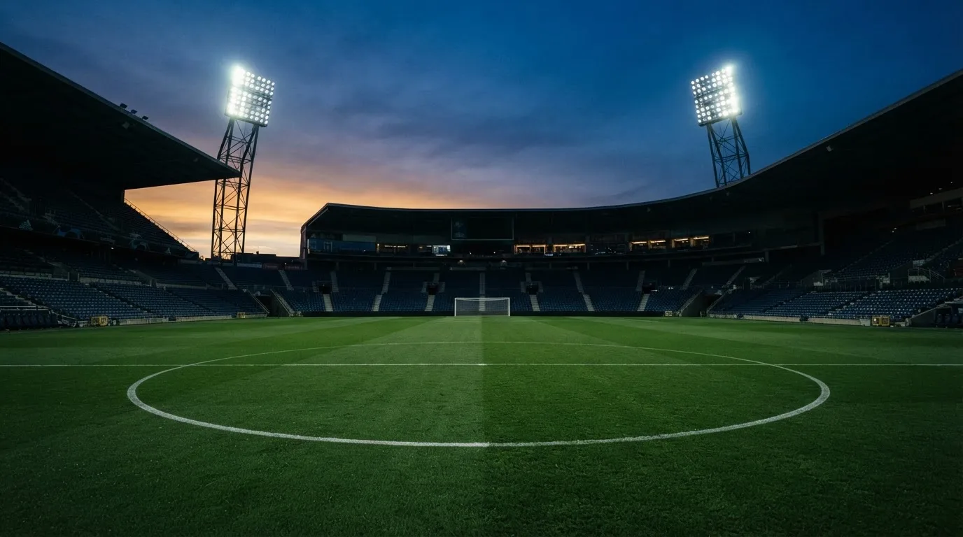 An empty football stadium with floodlight masts at dusk