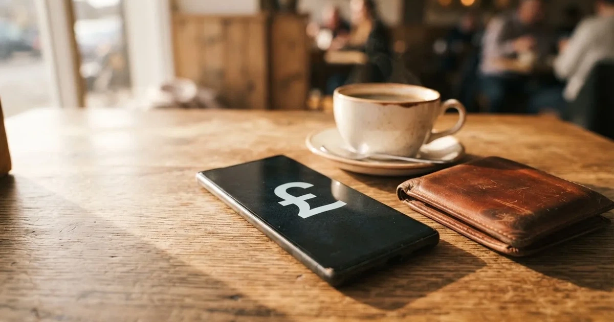 A smartphone on a wooden table beside a wallet and a coffee cup