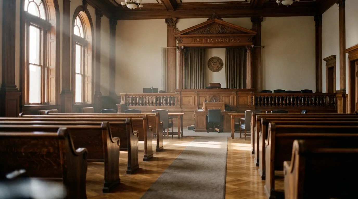 An empty courtroom with wooden benches in morning light