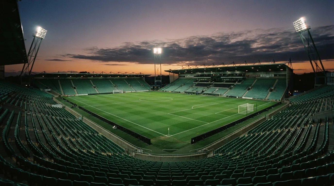 An empty football stadium with floodlight masts at dusk