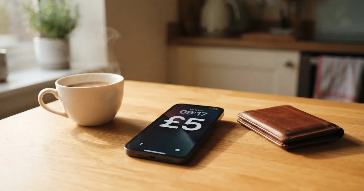 A smartphone on a wooden table beside a wallet and a coffee cup