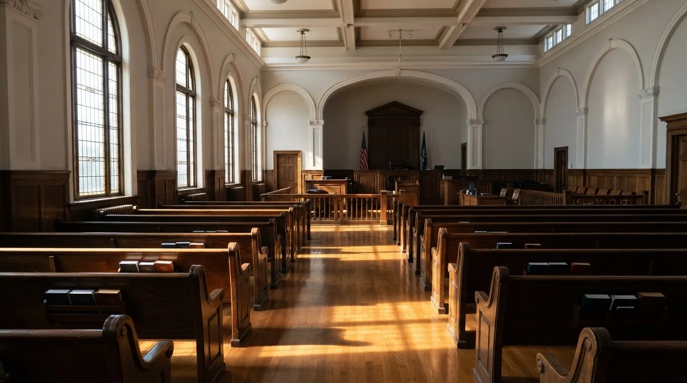 An empty courtroom with wooden benches in morning light