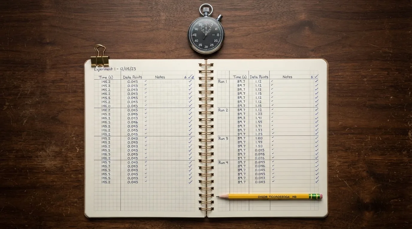 An open notebook with a pencil and a stopwatch on a wooden table