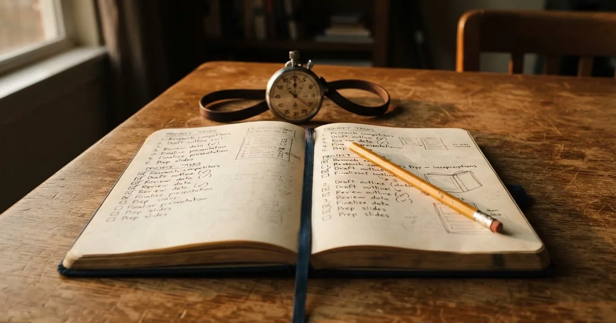 An open notebook with a pencil and a stopwatch on a wooden table