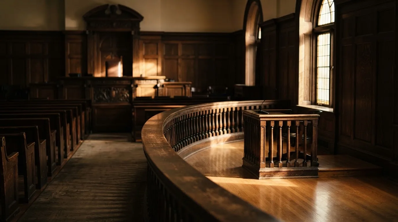 An empty courtroom with wooden benches in morning light