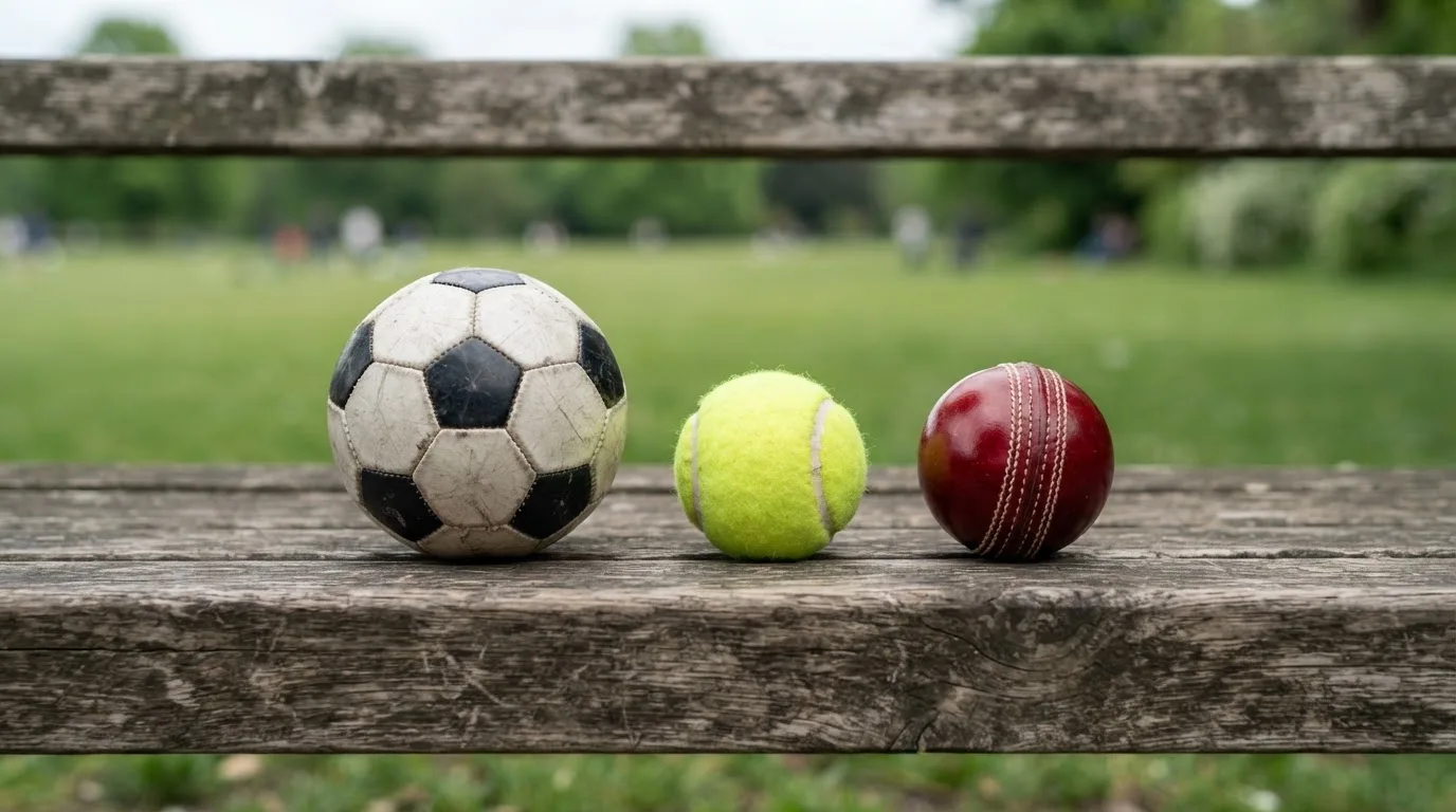 Three balls of different kinds side by side on a wooden bench