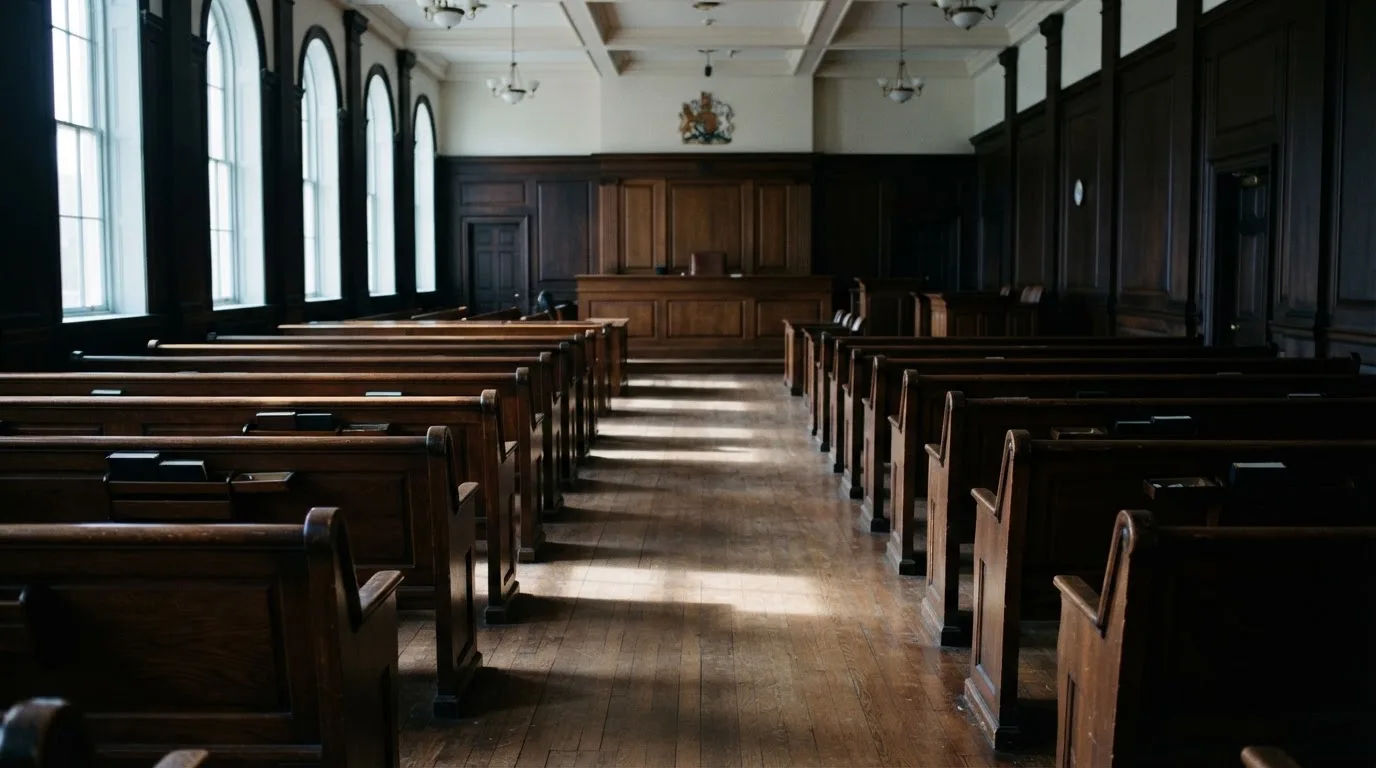 An empty courtroom with wooden benches in morning light