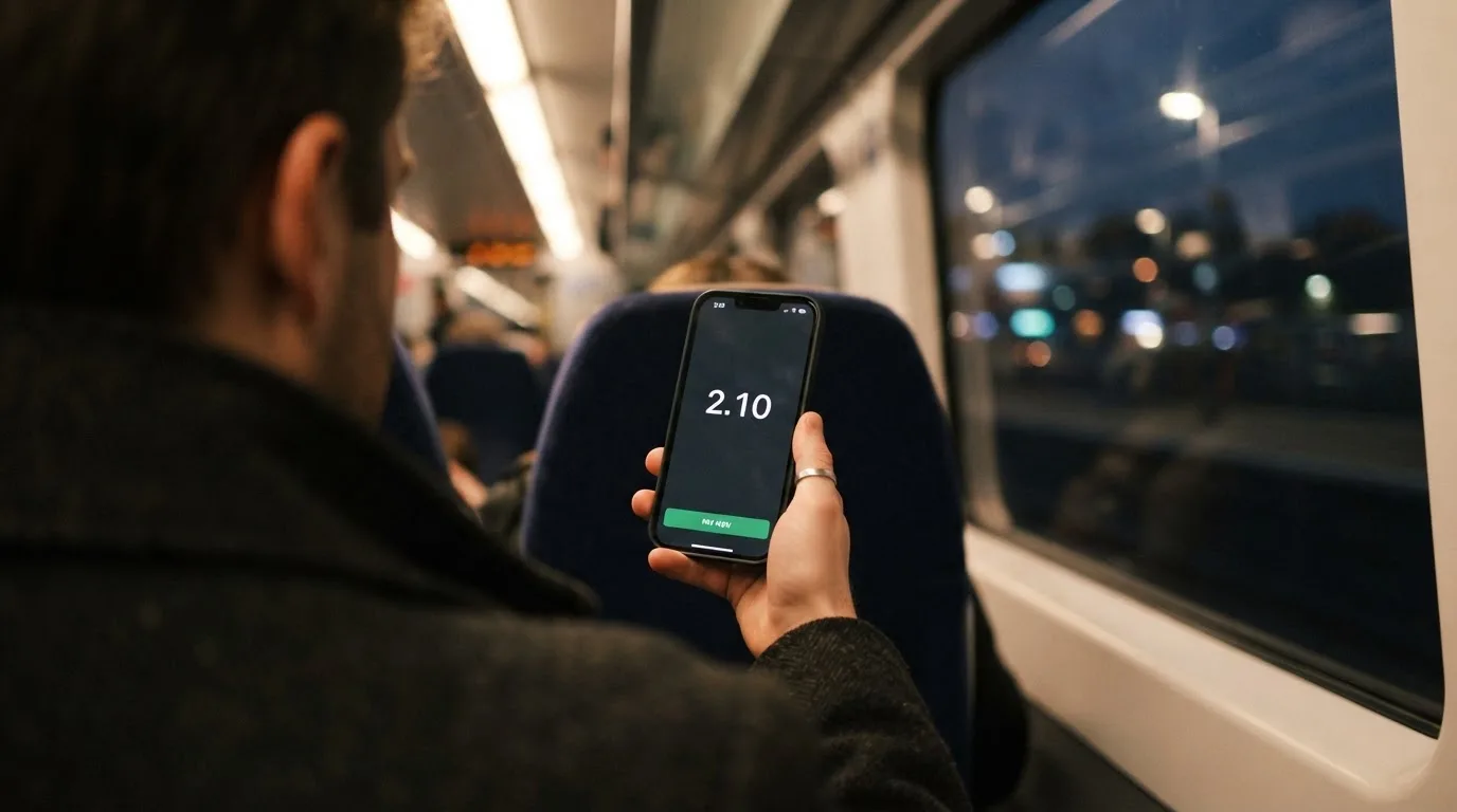 A hand holding a smartphone on a train in the evening, screen turned away