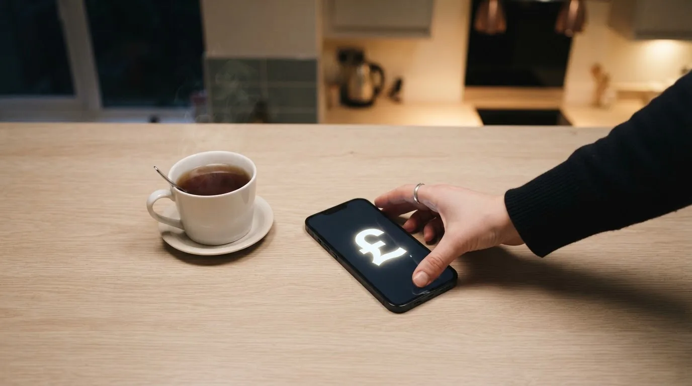 A hand setting a smartphone down beside a cup of tea on a kitchen table on a quiet evening
