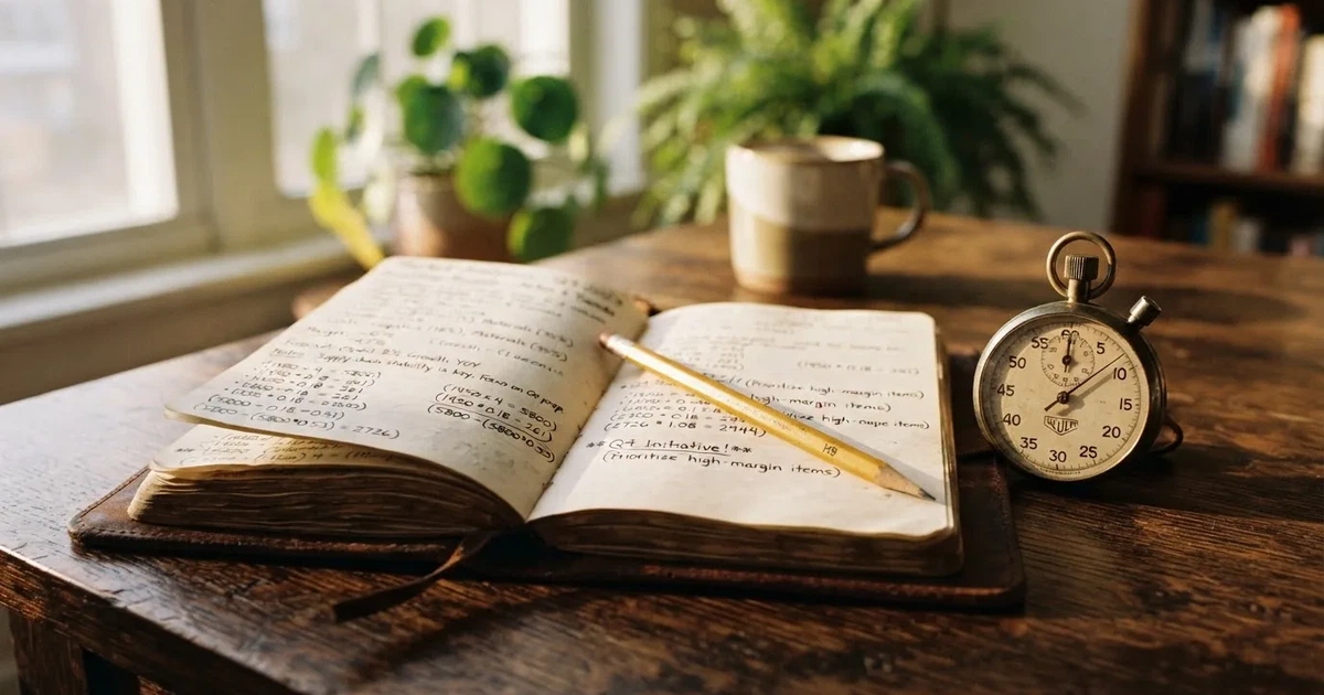 An open notebook with a pencil and a stopwatch on a wooden table