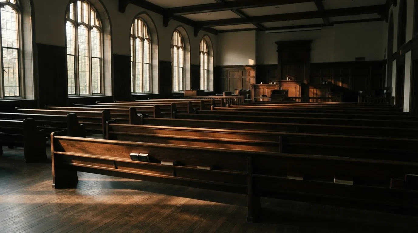 An empty courtroom with wooden benches in morning light