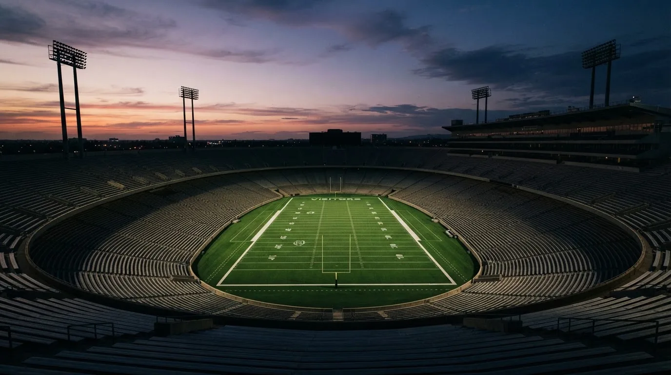 An empty football stadium with floodlight masts at dusk