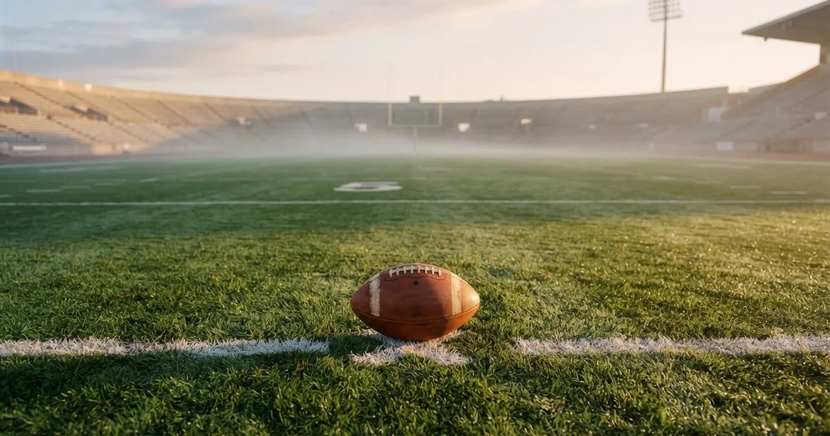 A ball on the centre spot of a grass pitch in morning light
