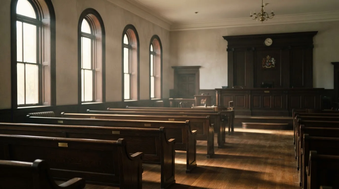 An empty courtroom with wooden benches in morning light