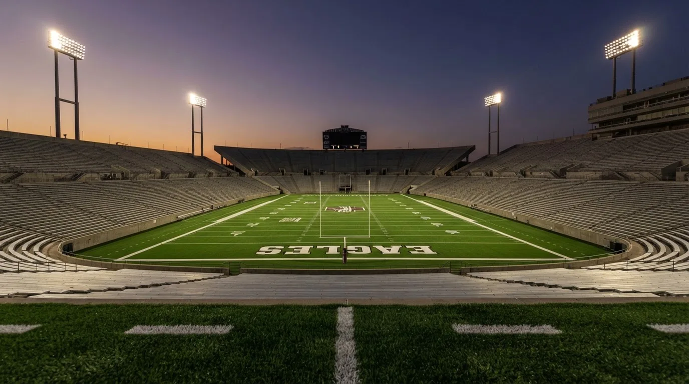 An empty football stadium with floodlight masts at dusk