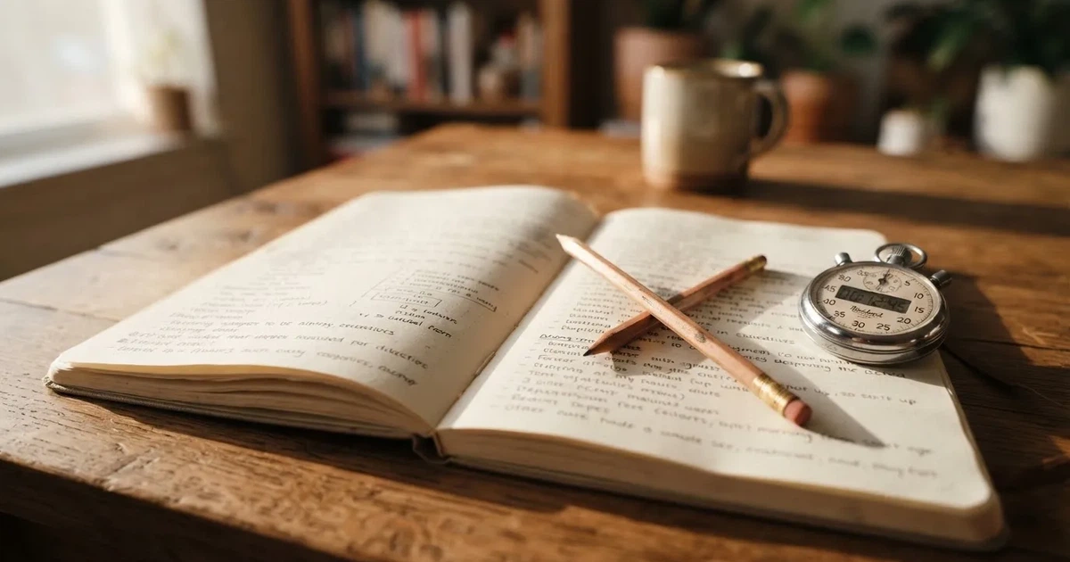 An open notebook with a pencil and a stopwatch on a wooden table