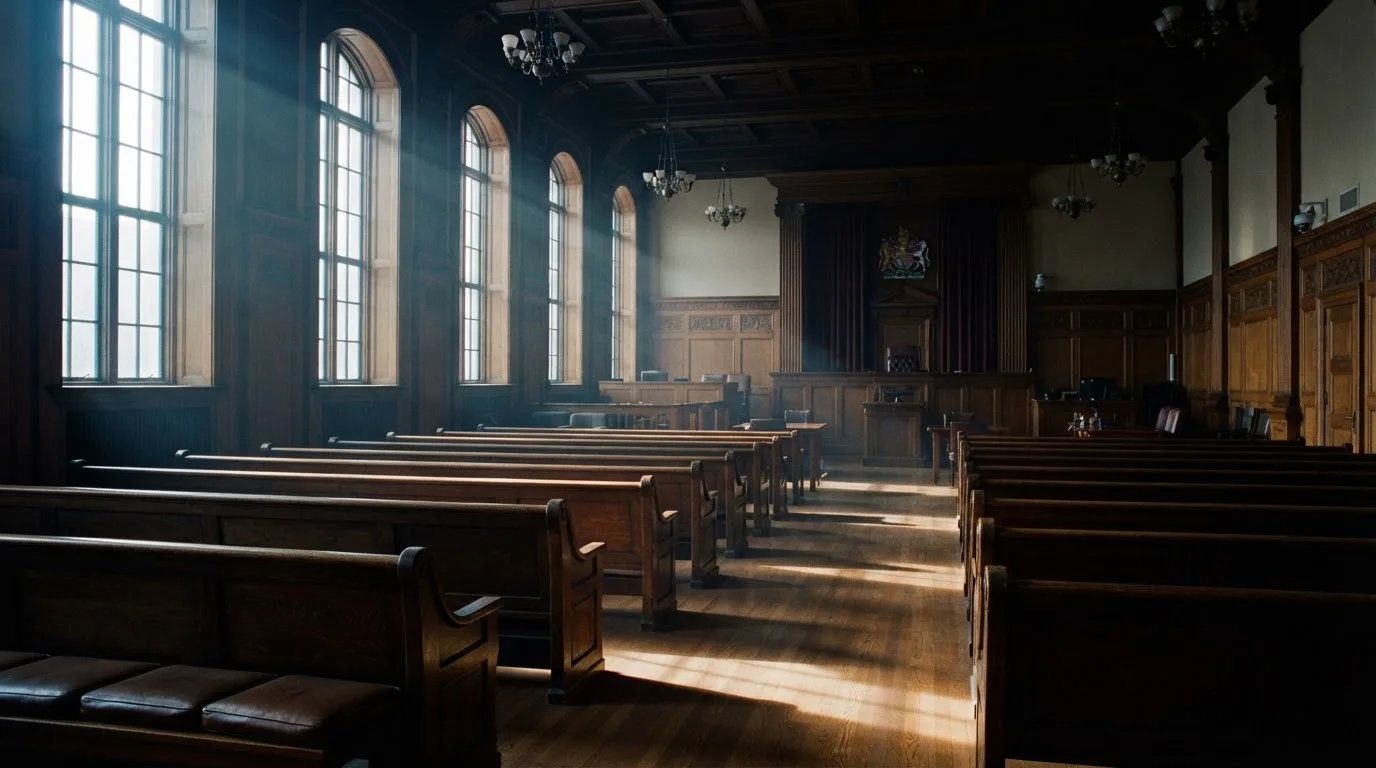 An empty courtroom with wooden benches in morning light
