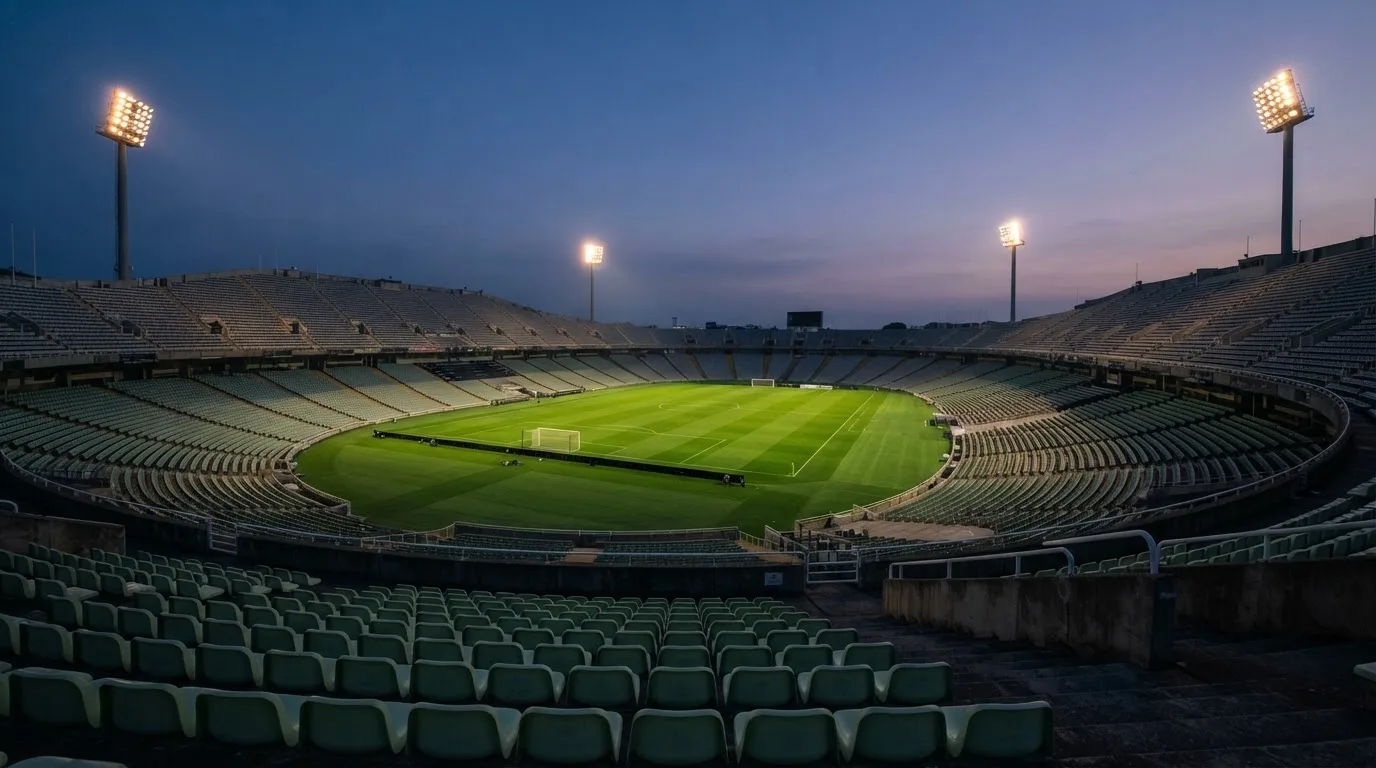 An empty football stadium with floodlight masts at dusk