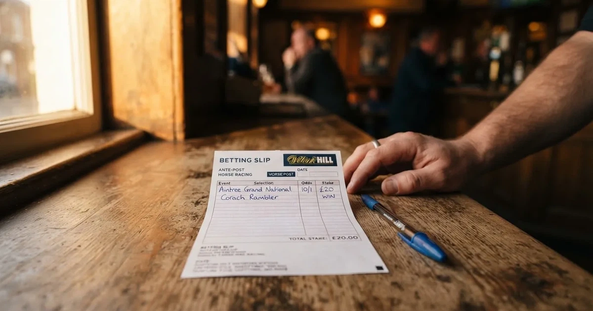 A blank paper betting slip beside a pen on a wooden counter
