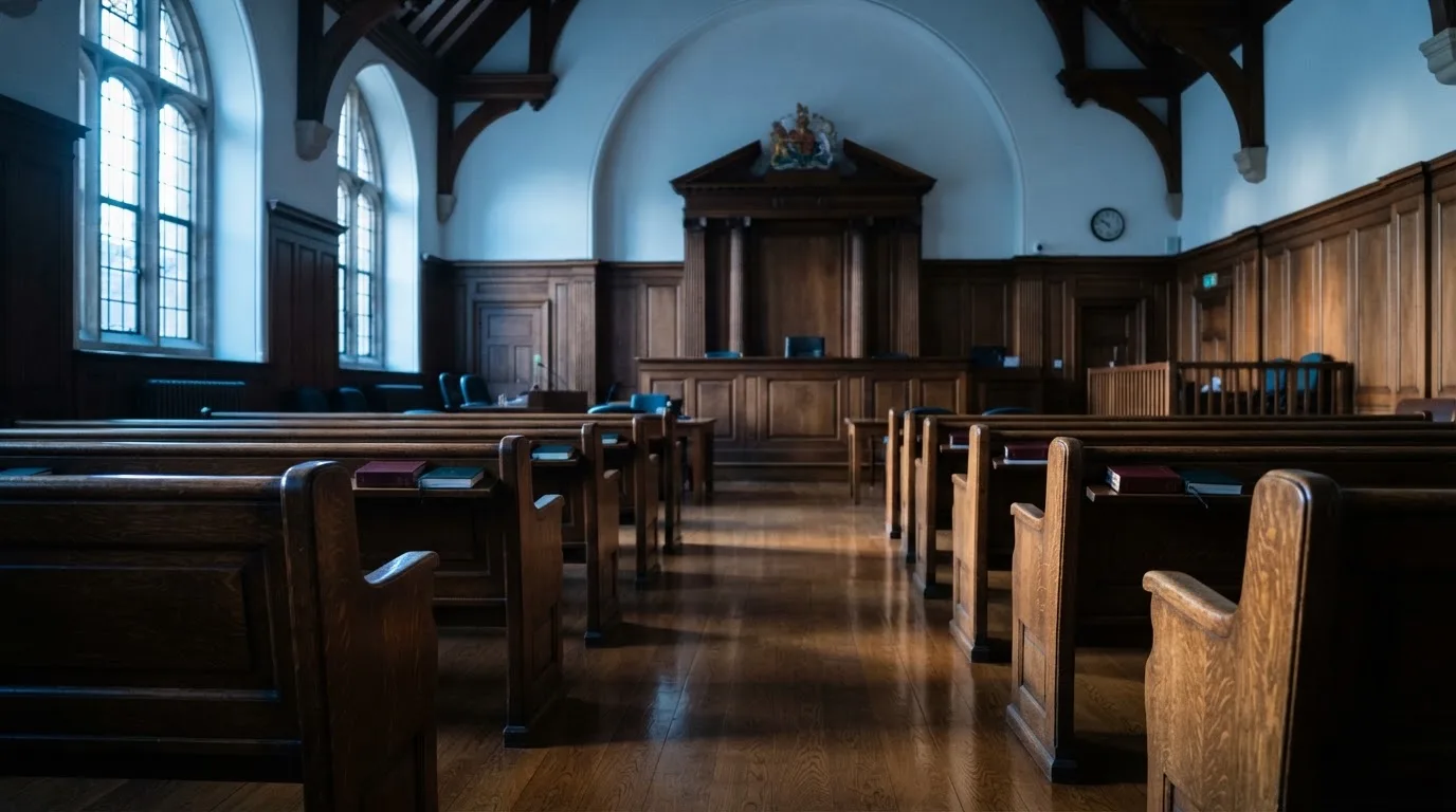 An empty courtroom with wooden benches in morning light