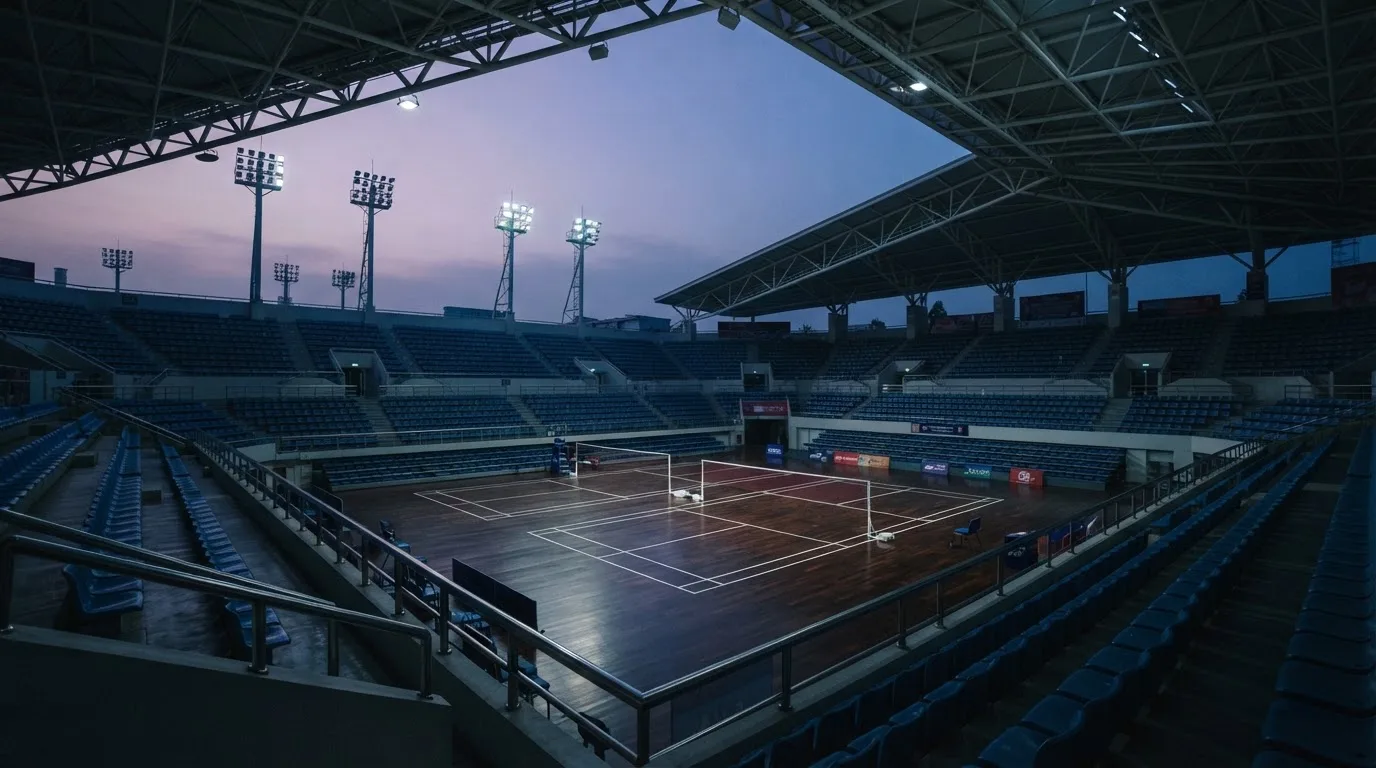 An empty football stadium with floodlight masts at dusk