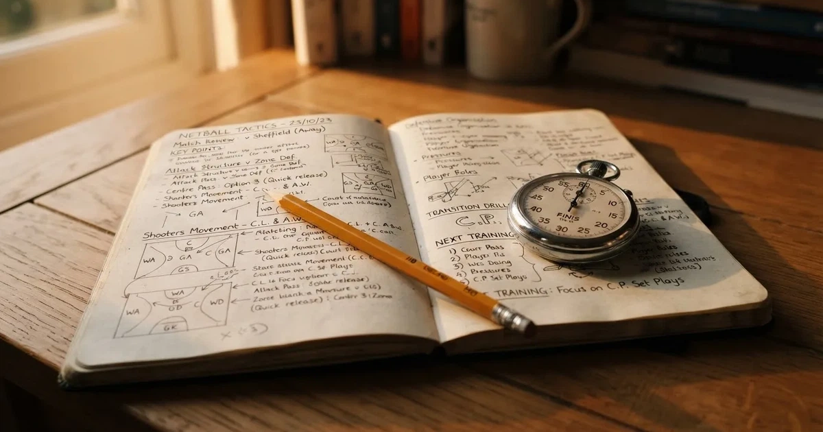 An open notebook with a pencil and a stopwatch on a wooden table