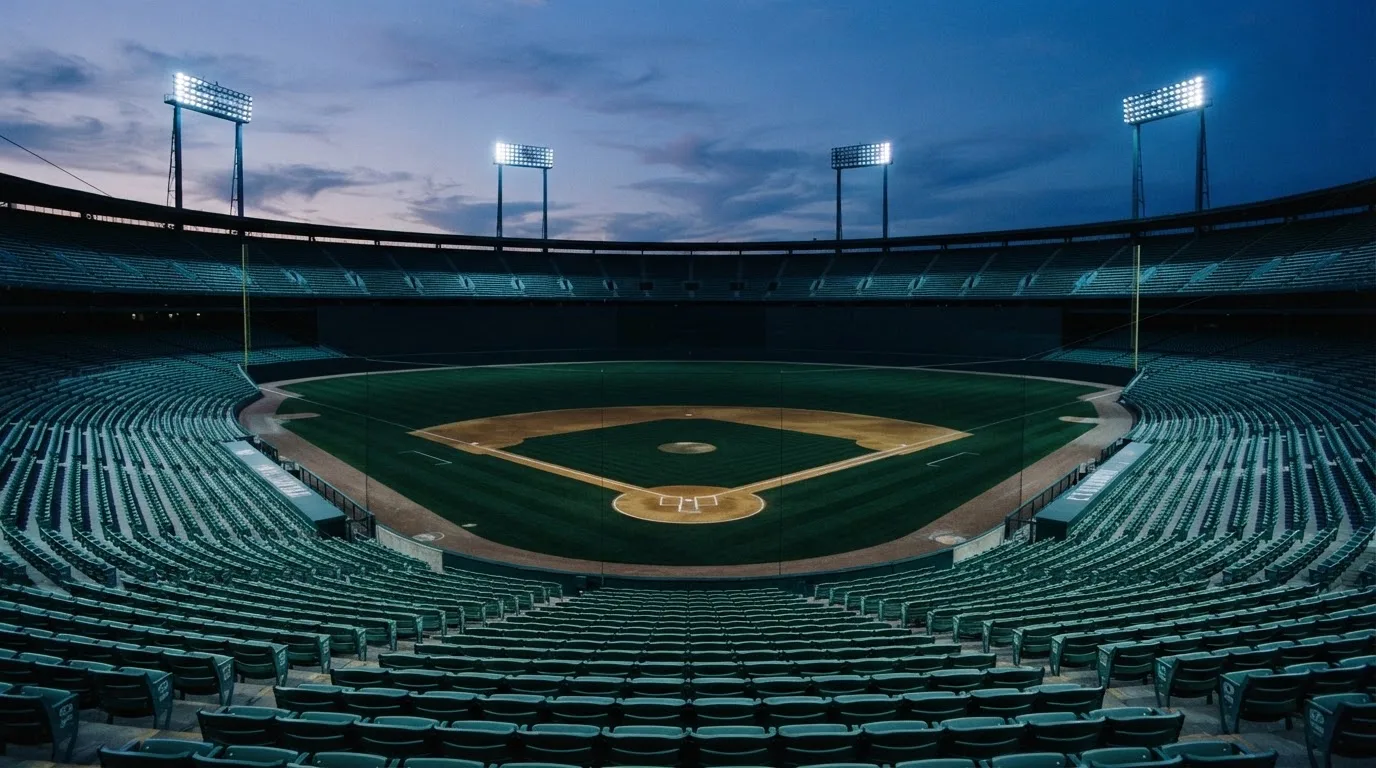 An empty football stadium with floodlight masts at dusk
