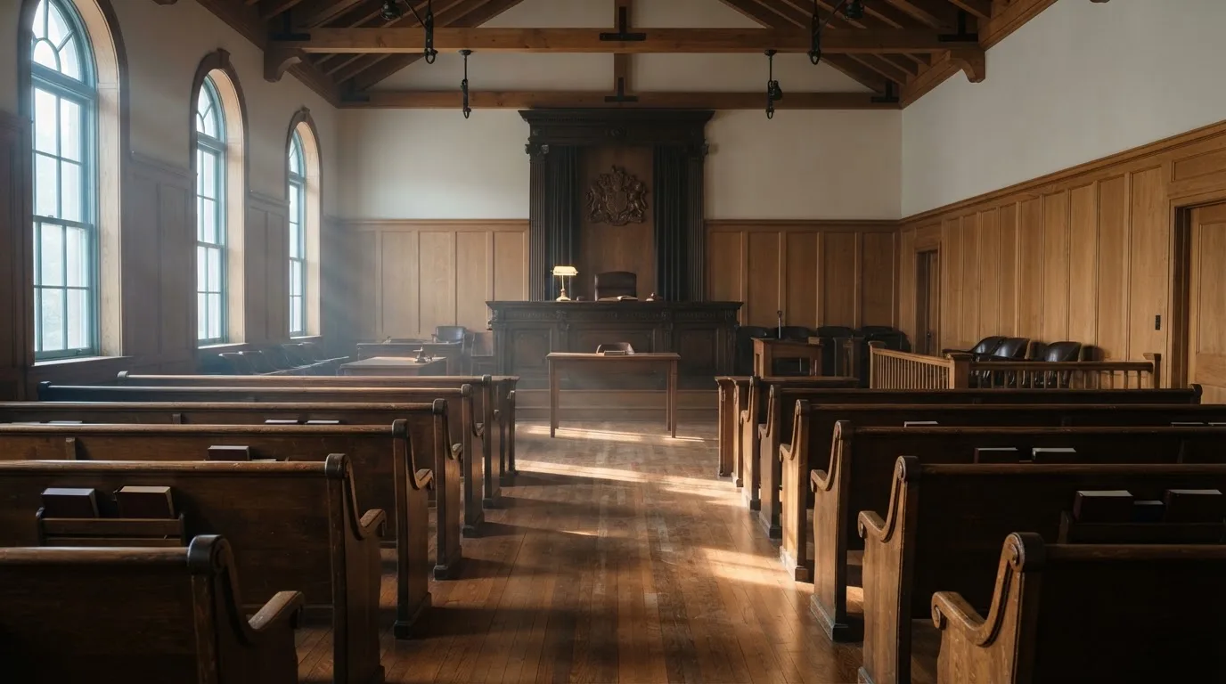 An empty courtroom with wooden benches in morning light