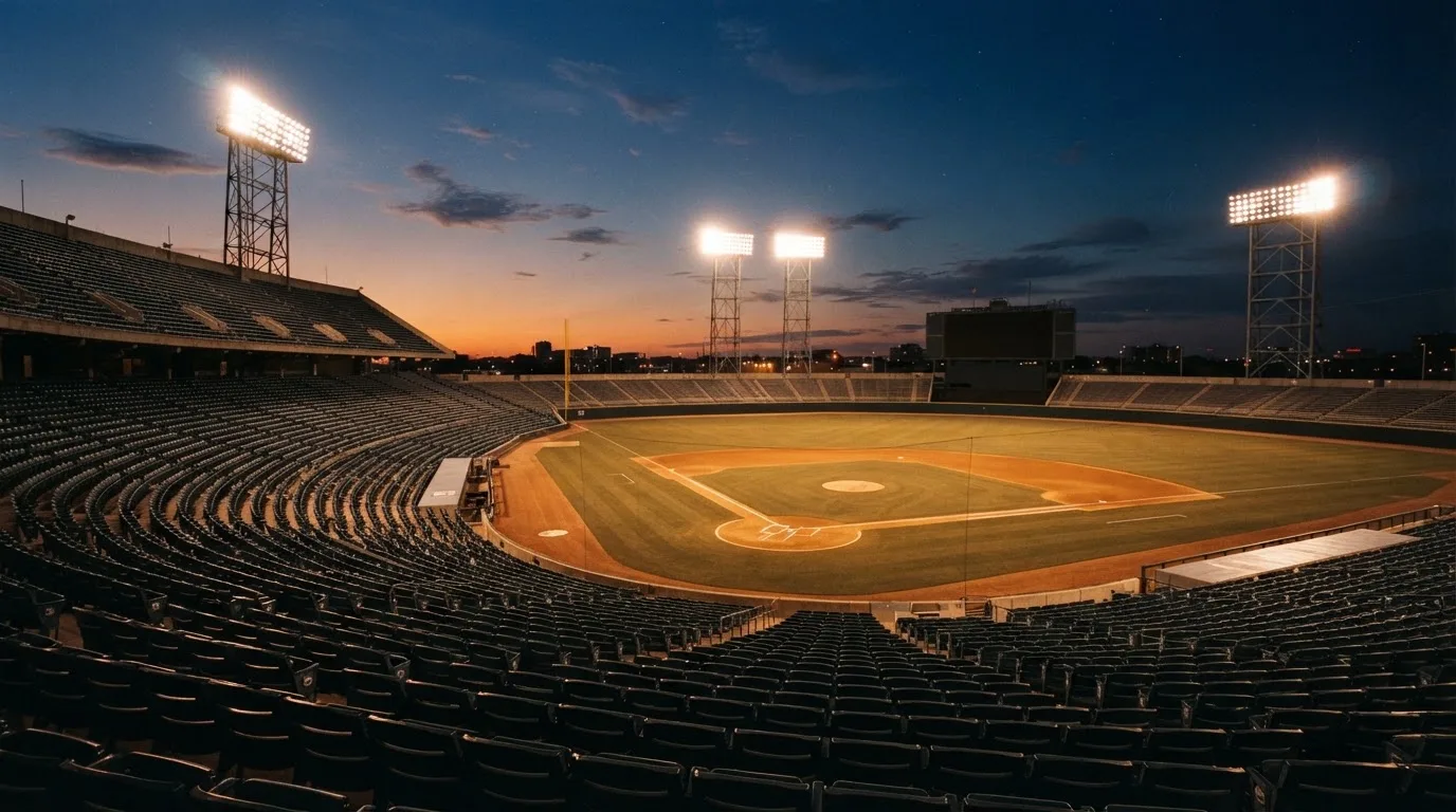 An empty football stadium with floodlight masts at dusk