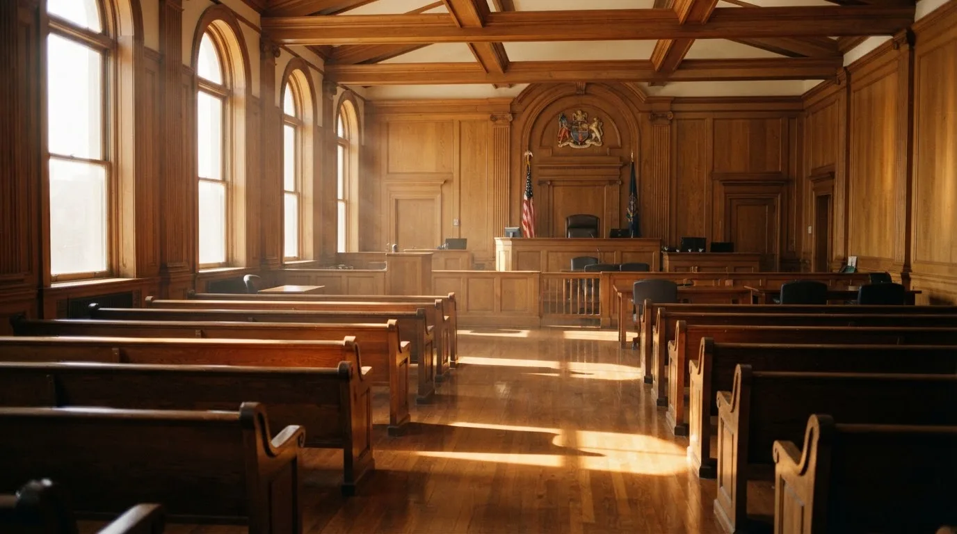 An empty courtroom with wooden benches in morning light