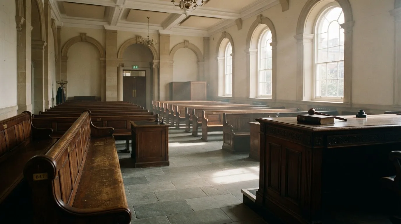 An empty courtroom with wooden benches in morning light