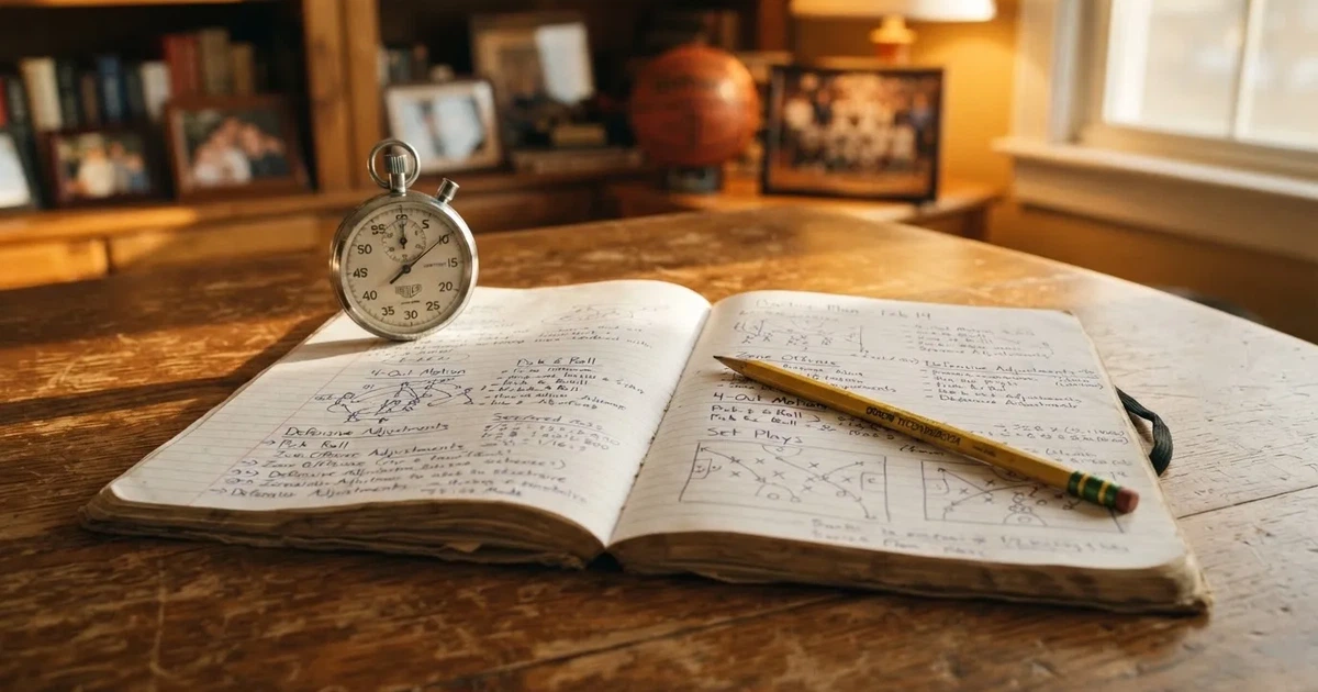 An open notebook with a pencil and a stopwatch on a wooden table