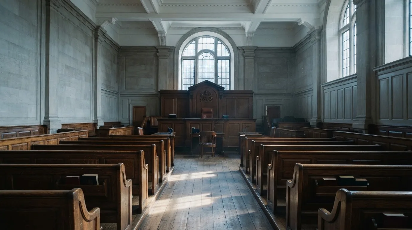 An empty courtroom with wooden benches in morning light