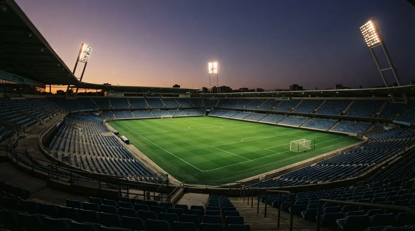 An empty football stadium with floodlight masts at dusk
