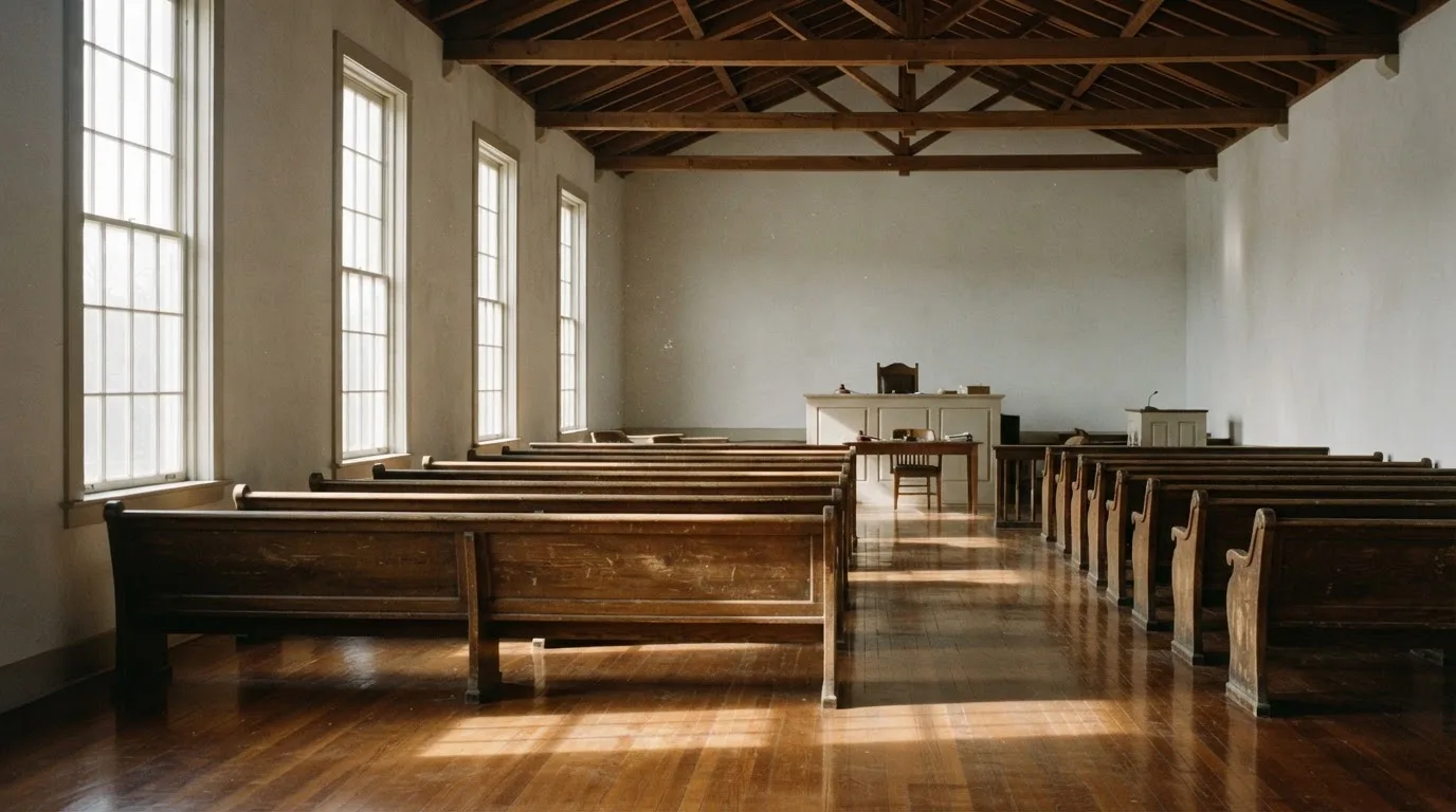 An empty courtroom with wooden benches in morning light