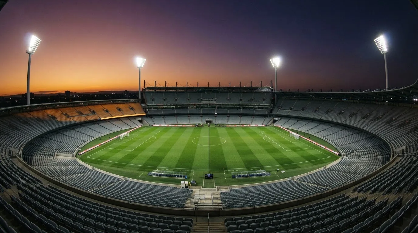 An empty football stadium with floodlight masts at dusk