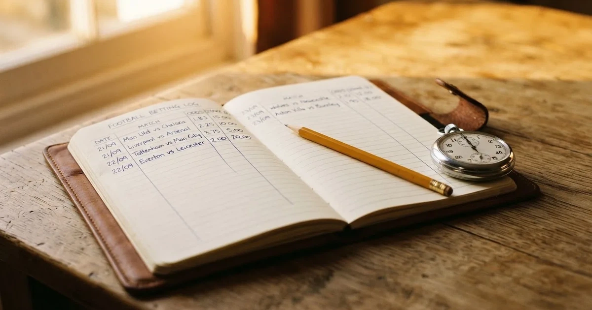 An open notebook with a pencil and a stopwatch on a wooden table