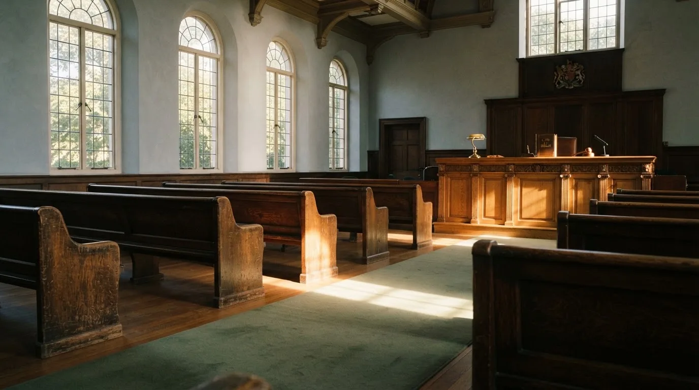 An empty courtroom with wooden benches in morning light