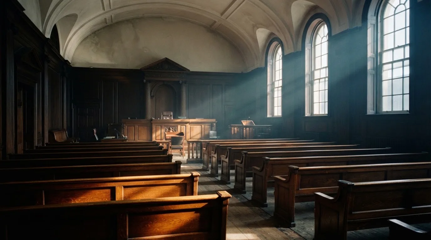 An empty courtroom with wooden benches in morning light