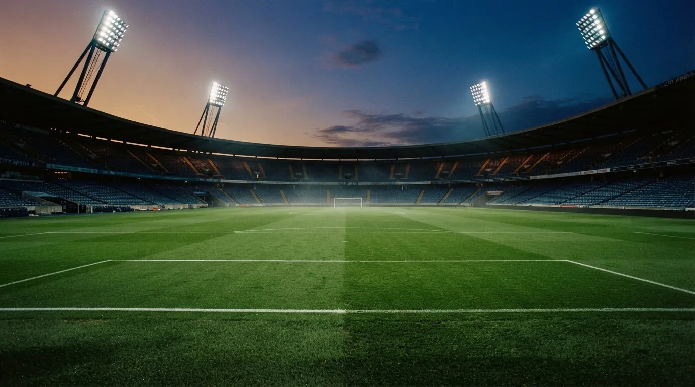 An empty football stadium with floodlight masts at dusk