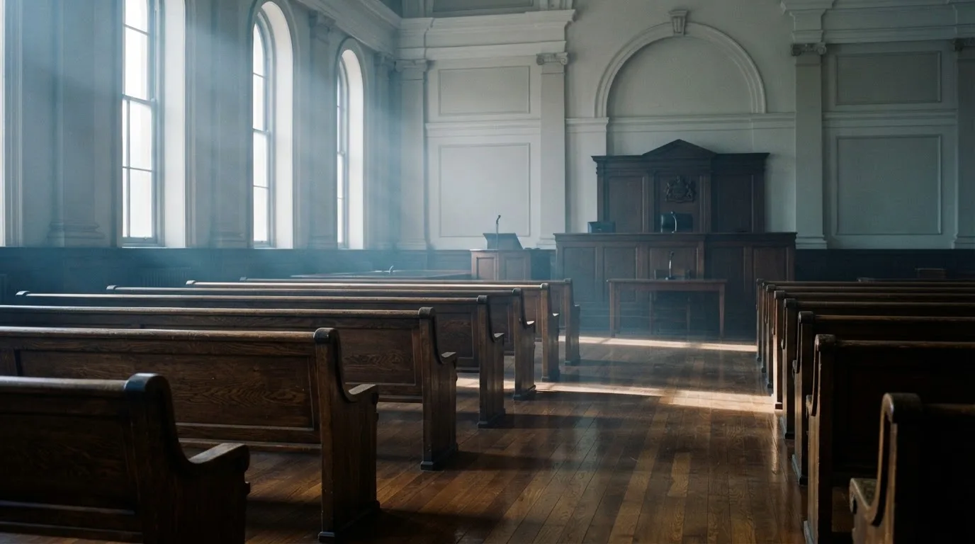 An empty courtroom with wooden benches in morning light