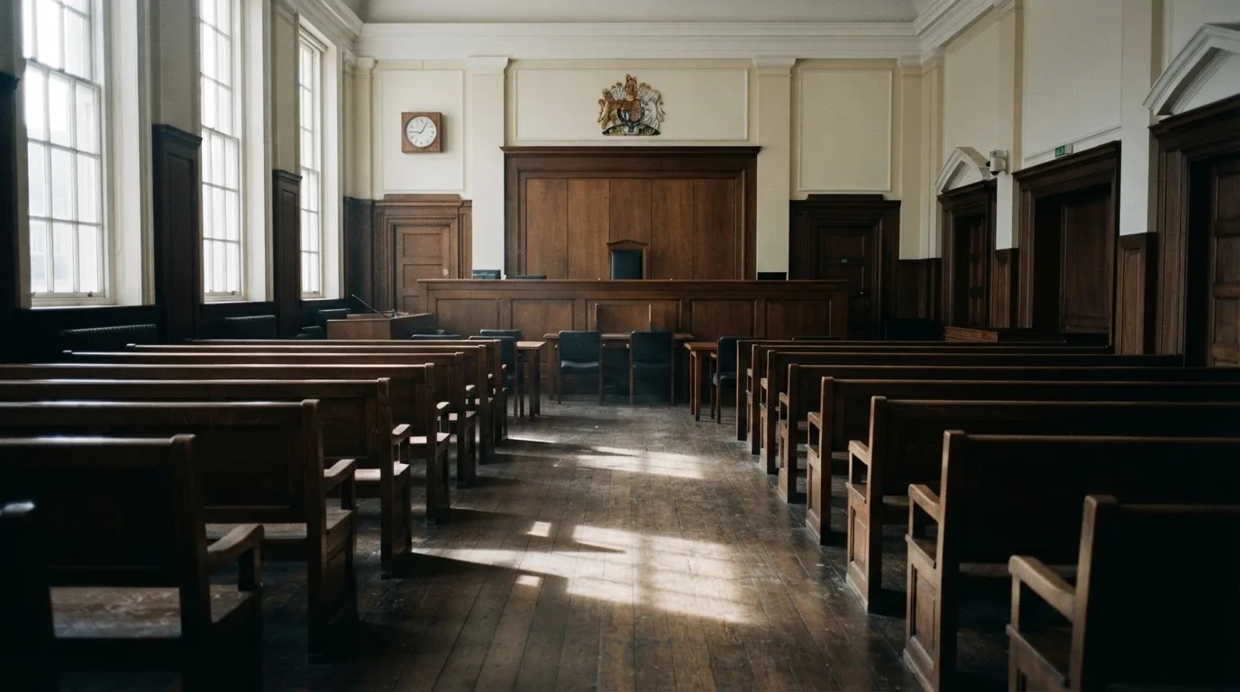 An empty courtroom with wooden benches in morning light