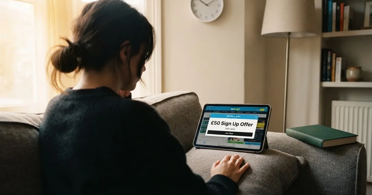 A person on a sofa looking thoughtfully at a tablet, a wall clock in the background