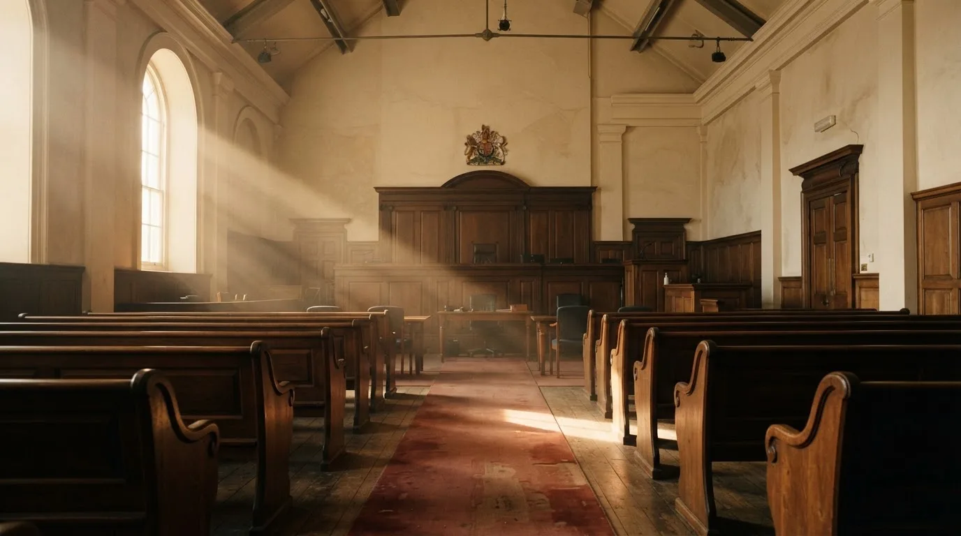 An empty courtroom with wooden benches in morning light