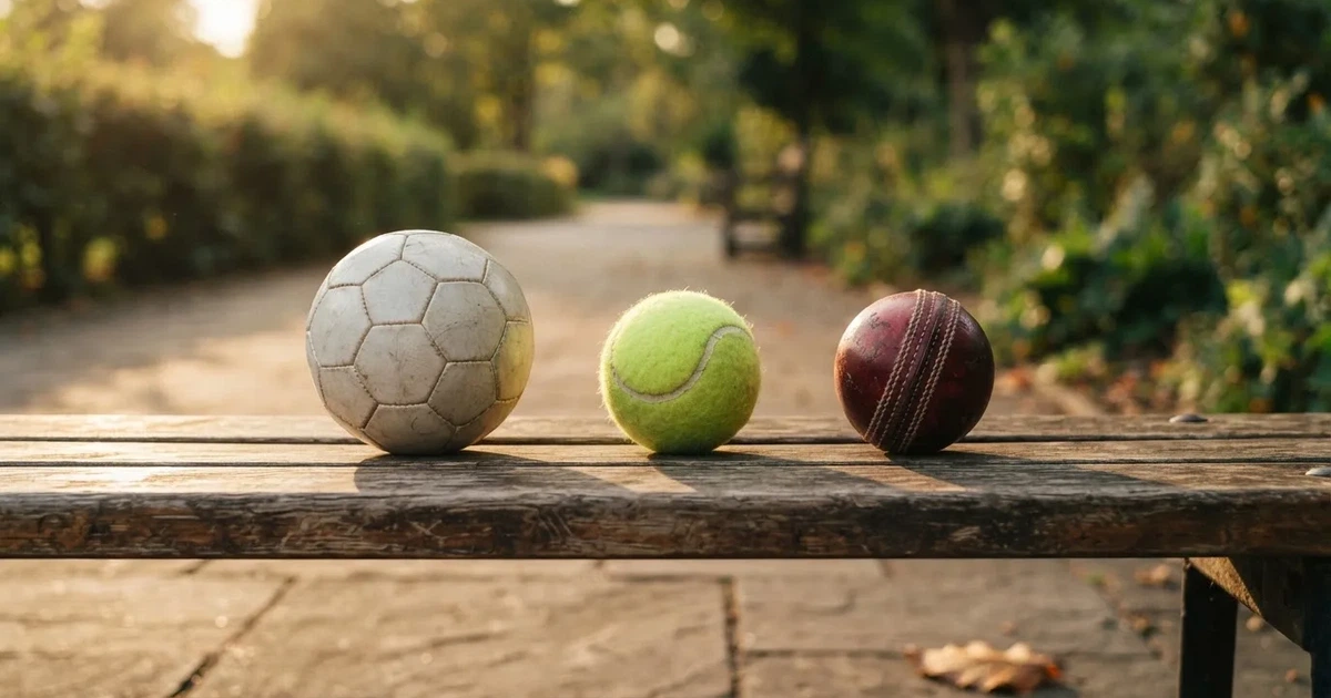 Three balls of different kinds side by side on a wooden bench