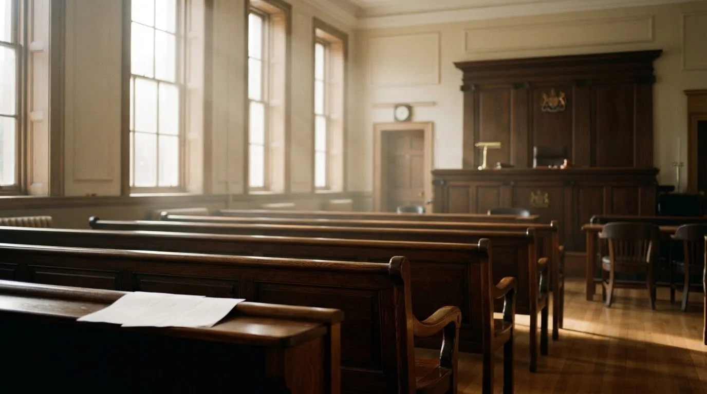 An empty courtroom with wooden benches in morning light