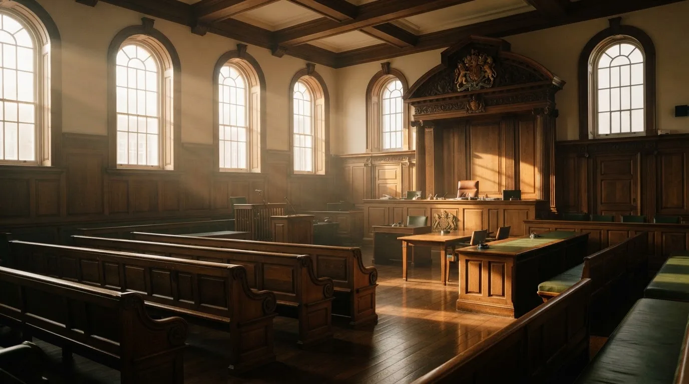 An empty courtroom with wooden benches in morning light