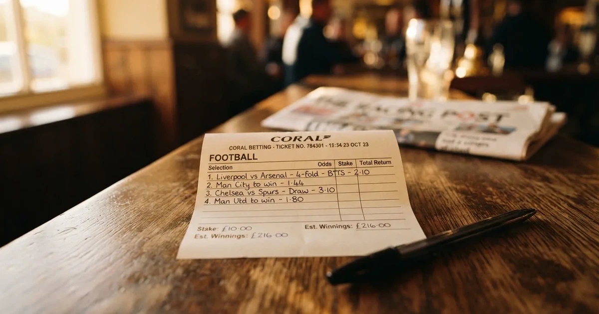 A blank paper betting slip beside a pen on a wooden counter